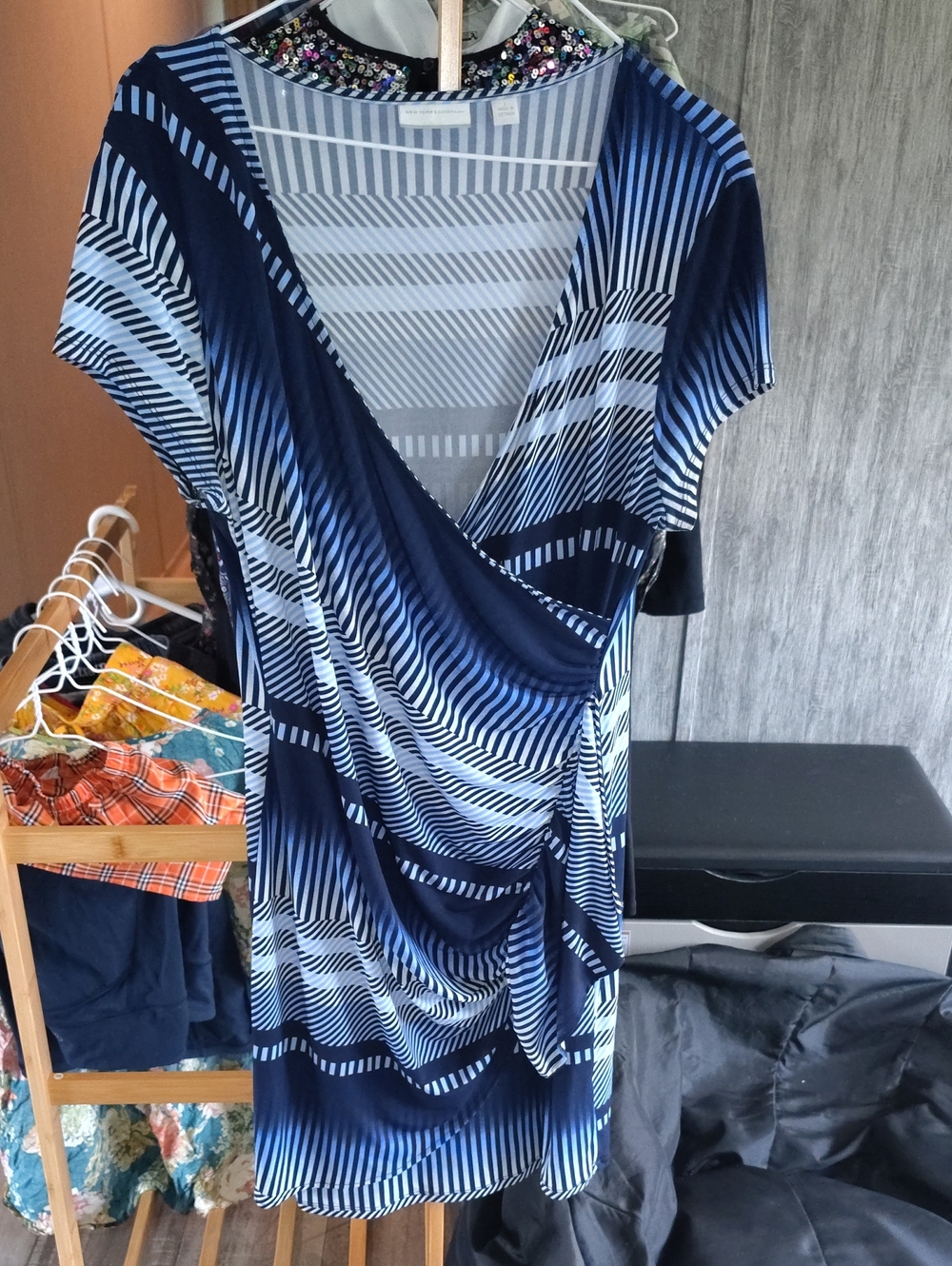 New York & Company Navy and Light Blue Striped Midi Dress
